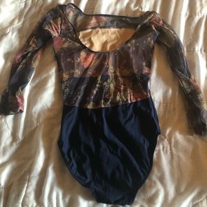 Eleve Blue and Floral Mesh Leotard